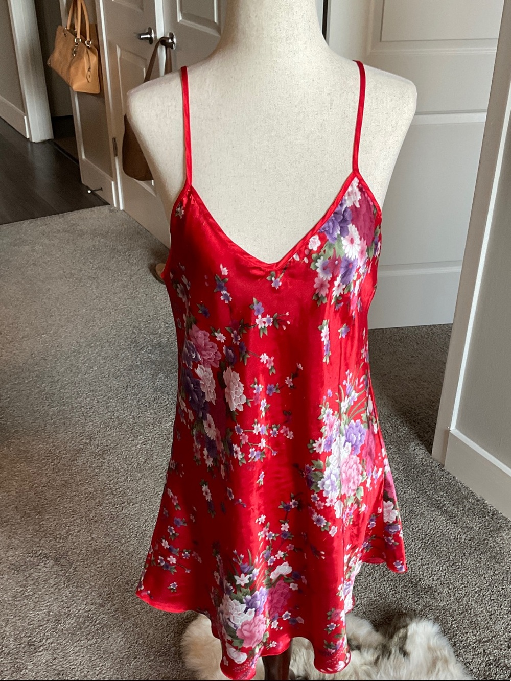 Red Floral Satin Slip Dress - Women Tops